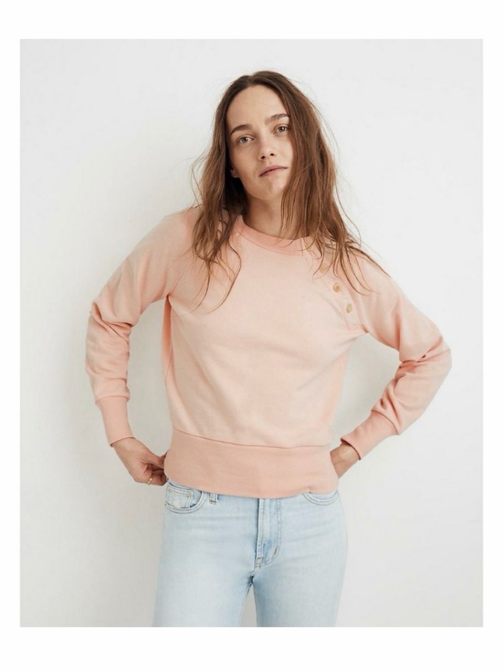 Miles by Madewell Pink Button-Detail Long Sleeves Crewneck Cotton Sweatshirt